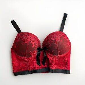 La Senza Red Lace Longline Bustier Bra M Black Trim Sheer Mesh Sexy